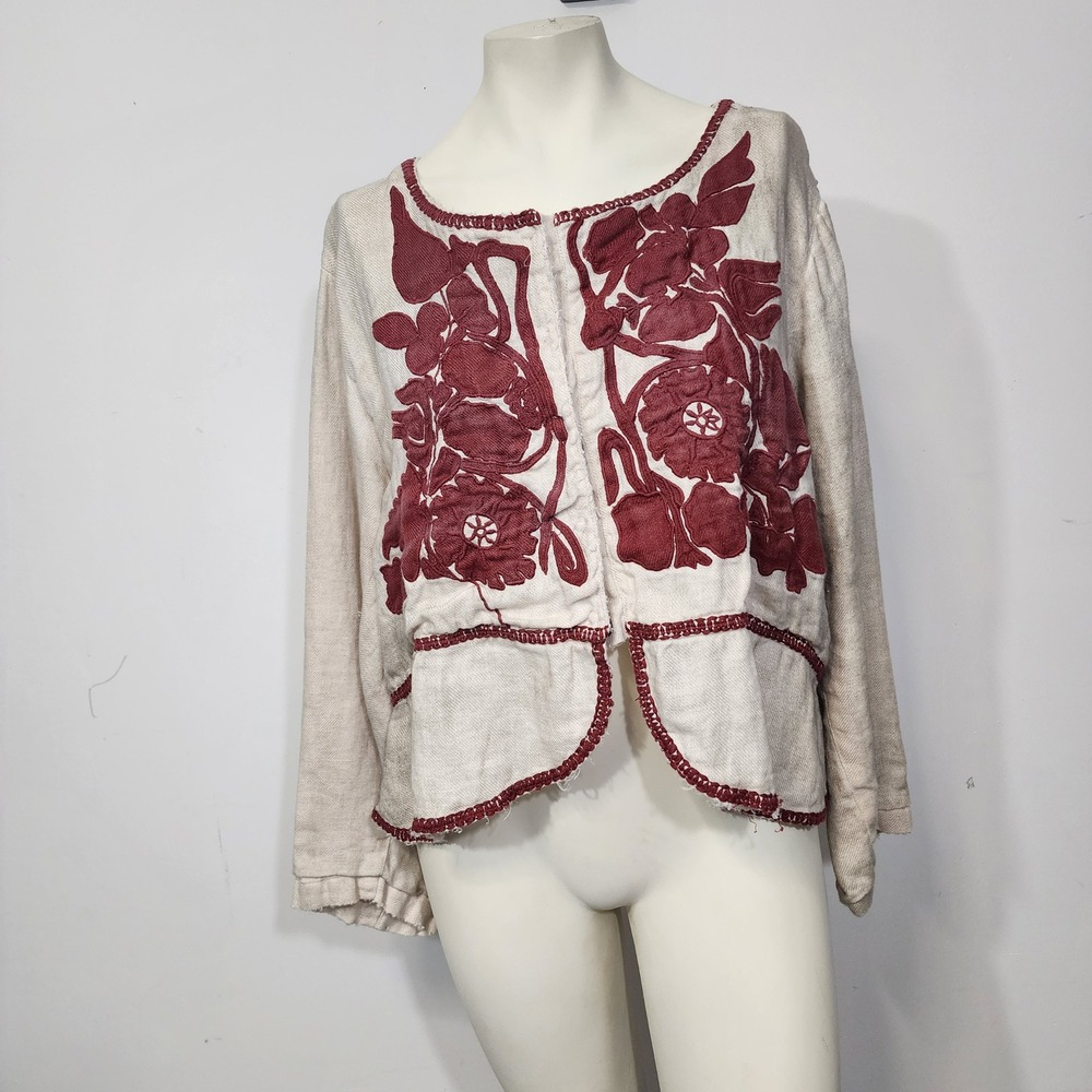Magnolia Pearl Juno Jacket One Size Linen Appliqué Floral Boho Lagenlook - Picture 13 of 16